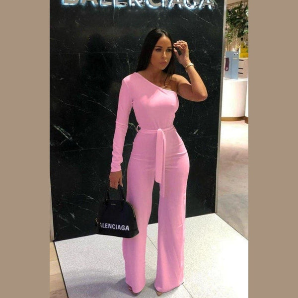 Baby Pink Belted One Shoulder Jumpsuit - Evelyn
