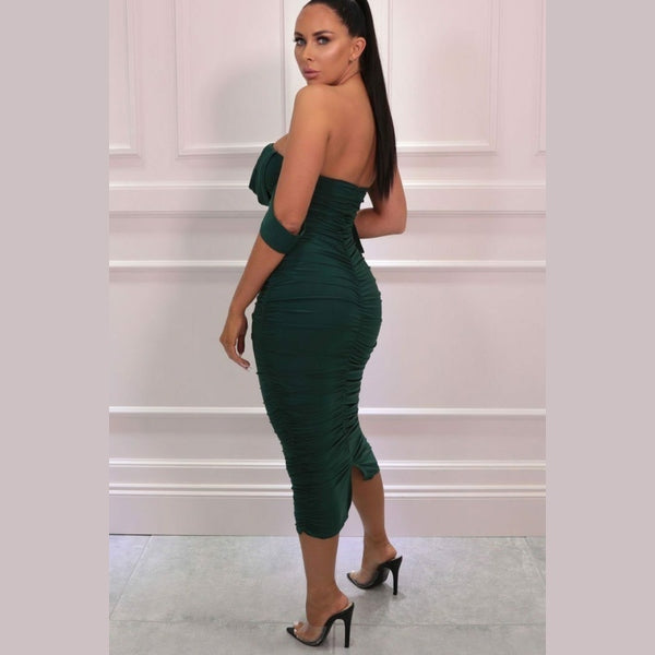 Emerald Bardot Cowl Neck Ruched Midi Dress - Malia