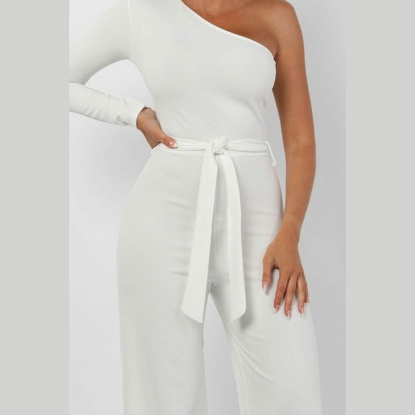 White Belted One Shoulder Jumpsuit - Evelyn