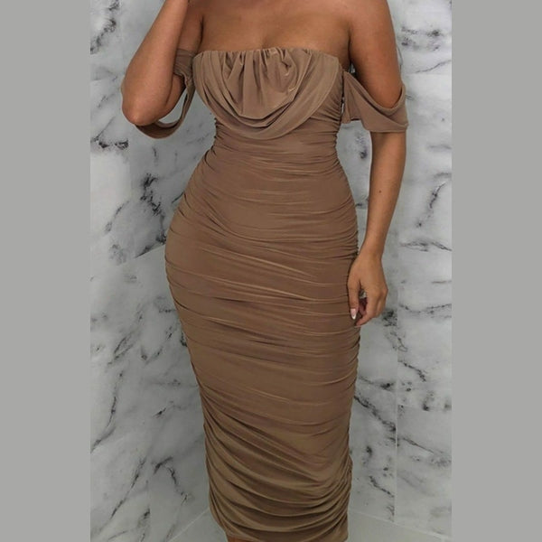 Camel Bardot Cowl Neck Ruched Midi Dress - Malia