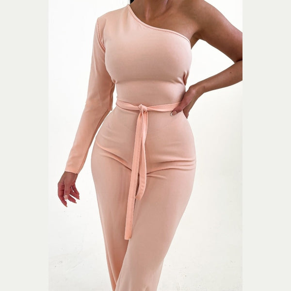 Nude Belted One Shoulder Jumpsuit - Evelyn