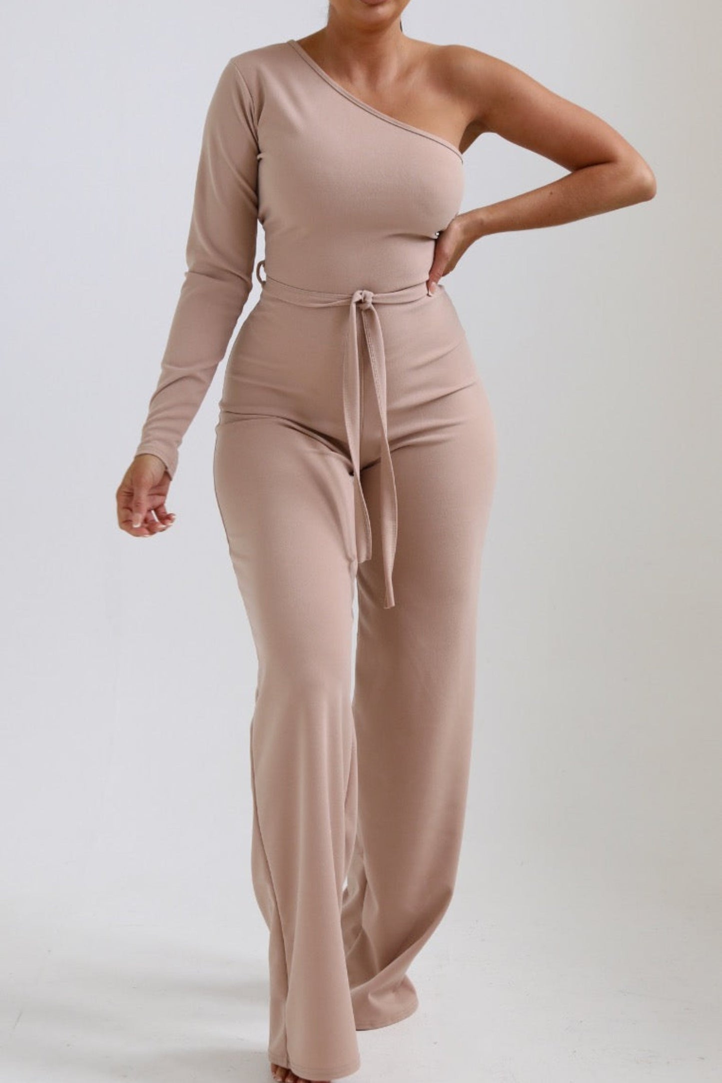 Beige One Shoulder Belted Wide Leg Jumpsuit - Evelyn