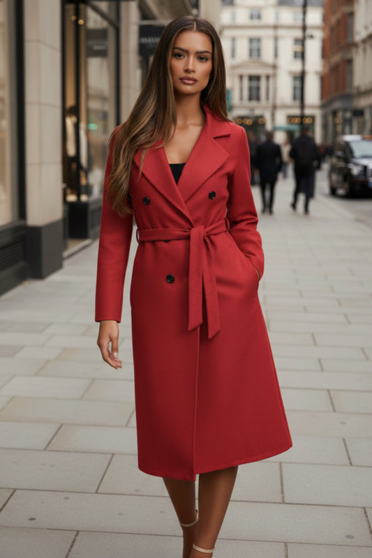 Red Double Breasted Black Button Detail Belted Trench Coat - Eliana