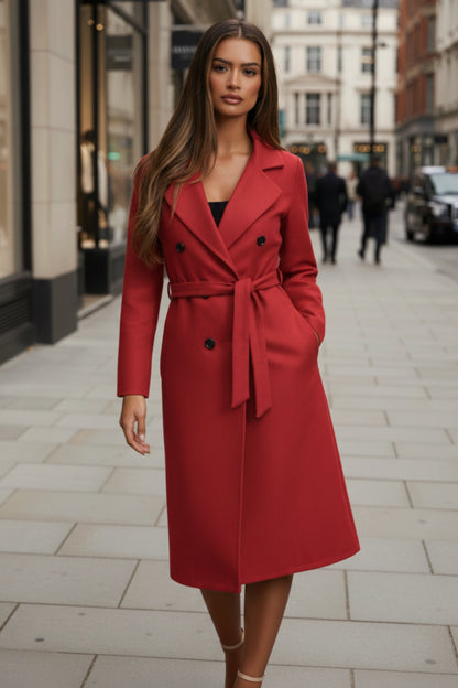 Red Double Breasted Black Button Detail Belted Trench Coat - Eliana
