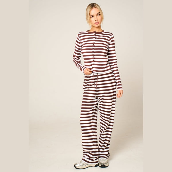 Brown Contrast Striped Molly Button Top and Wide Leg Trousers - Elisanta