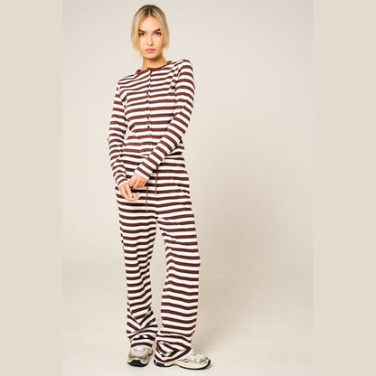 Brown Contrast Striped Molly Button Top and Wide Leg Trousers - Elisanta