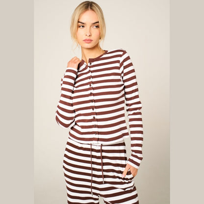 Brown Contrast Striped Molly Button Top and Wide Leg Trousers - Elisanta