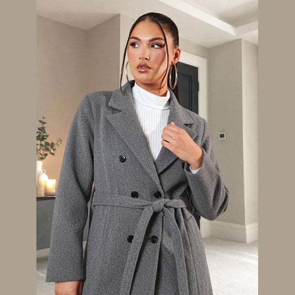 Charcoal Double Breasted Black Button Detail Belted Trench Coat - Eliana