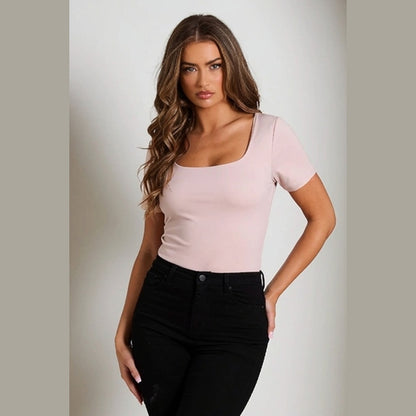 Pink Short Sleeve Scoop Neck Top - Mariela