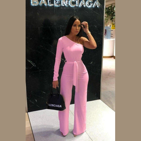 Baby Pink Belted One Shoulder Jumpsuit - Evelyn