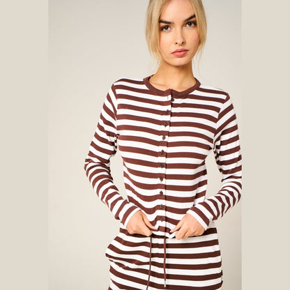 Brown Contrast Striped Molly Button Top and Wide Leg Trousers - Elisanta
