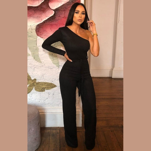 Black Croc Belted One Shoulder Jumpsuit - Evelyn
