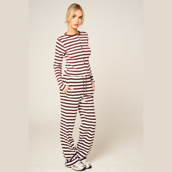 Brown Contrast Striped Molly Button Top and Wide Leg Trousers - Elisanta