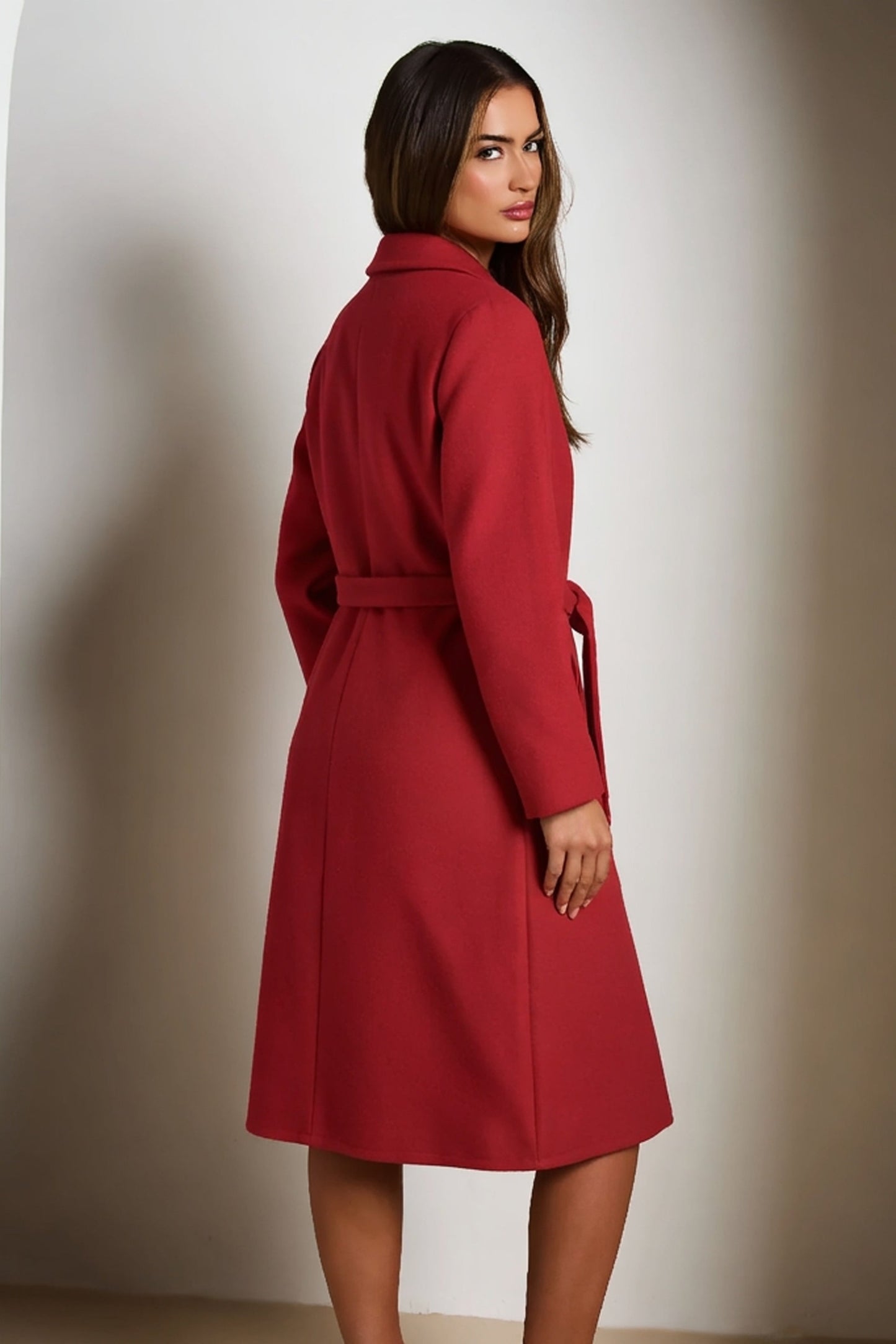 Red Double Breasted Black Button Detail Belted Trench Coat - Eliana
