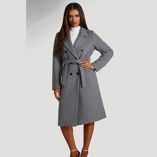 Charcoal Double Breasted Black Button Detail Belted Trench Coat - Eliana