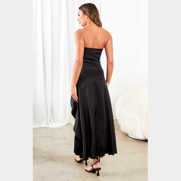 Black Satin Ruched Strapless Drape Detail Bodycon Midi Dress - Liora