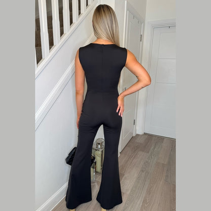 Black Sleeveless Sheer Mesh Panel Bodycon Jumpsuit - Thériza