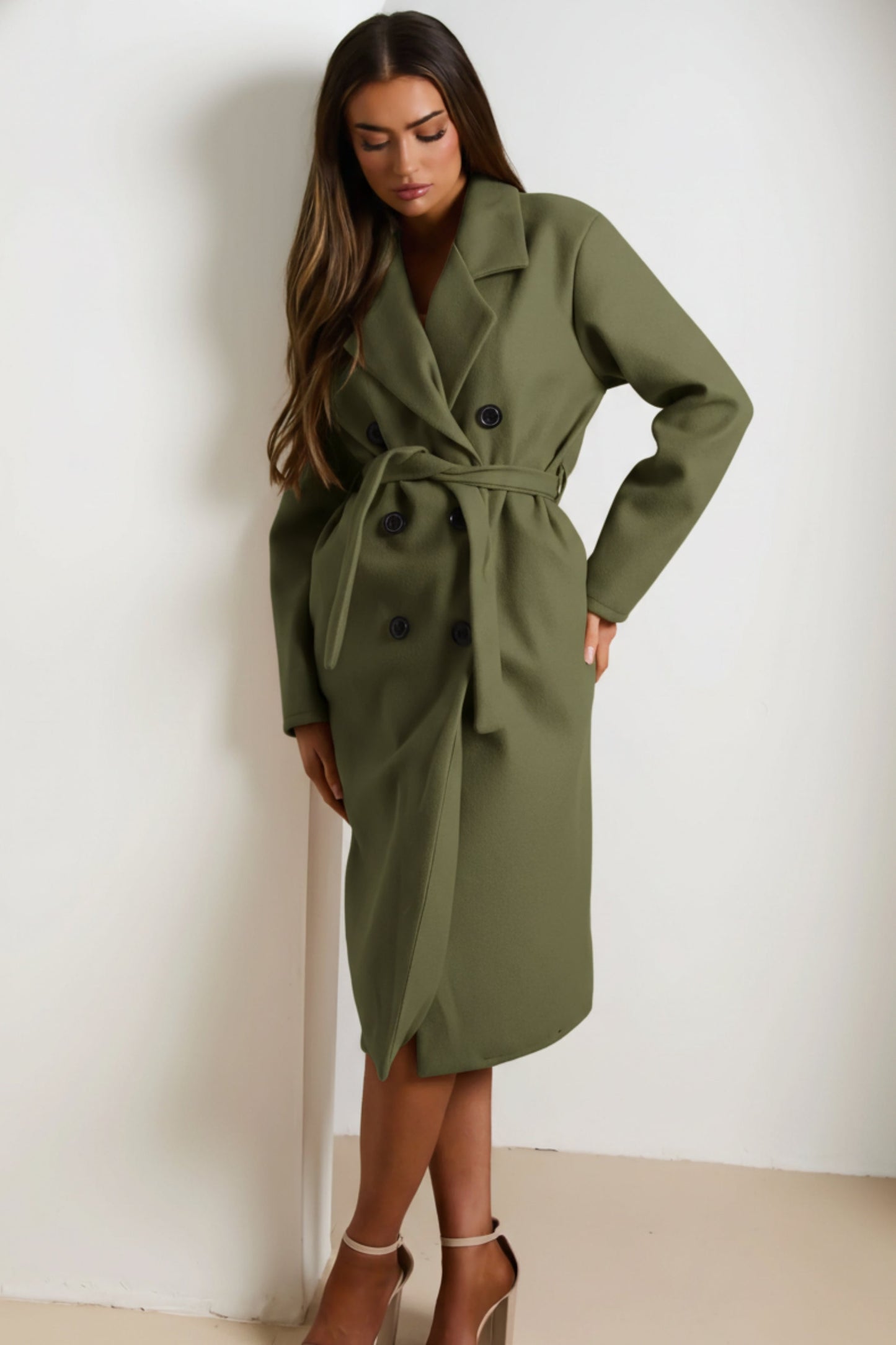 Khaki Double Breasted Black Button Detail Belted Trench Coat - Eliana