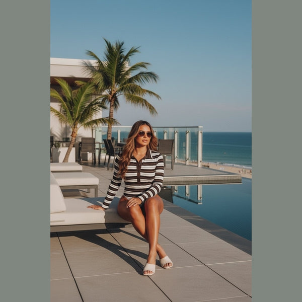 Brown Striped Long Sleeve Contrast Collar Button Up Bodysuit - Aida