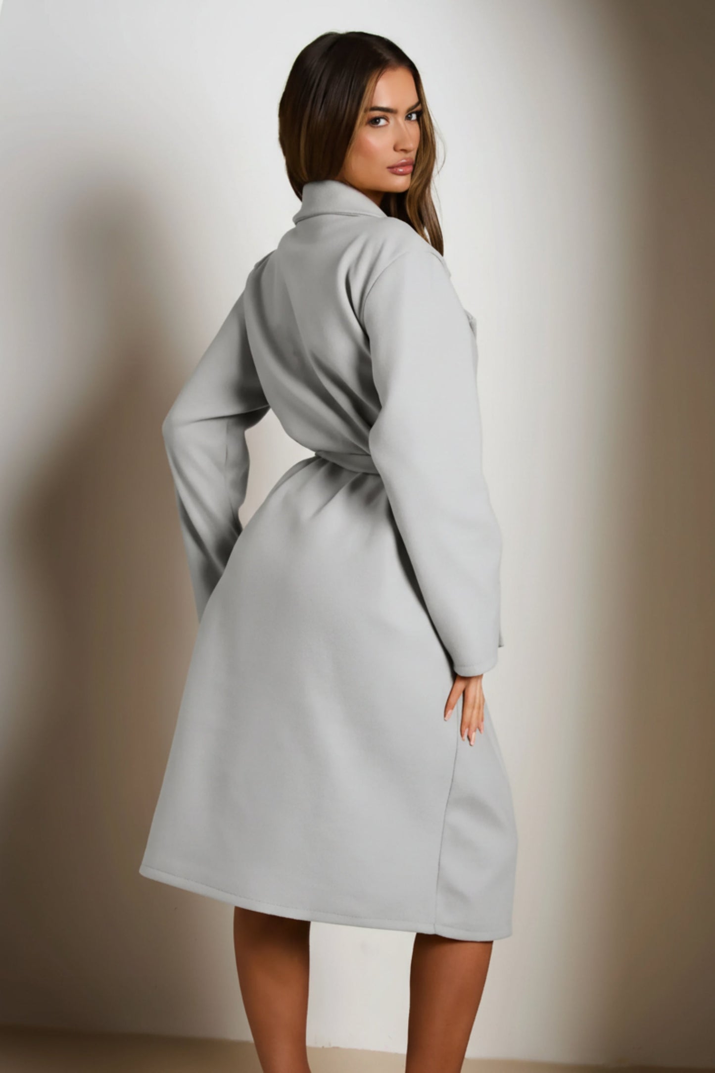 Bleach Grey Double Breasted Black Button Detail Belted Trench Coat - Eliana