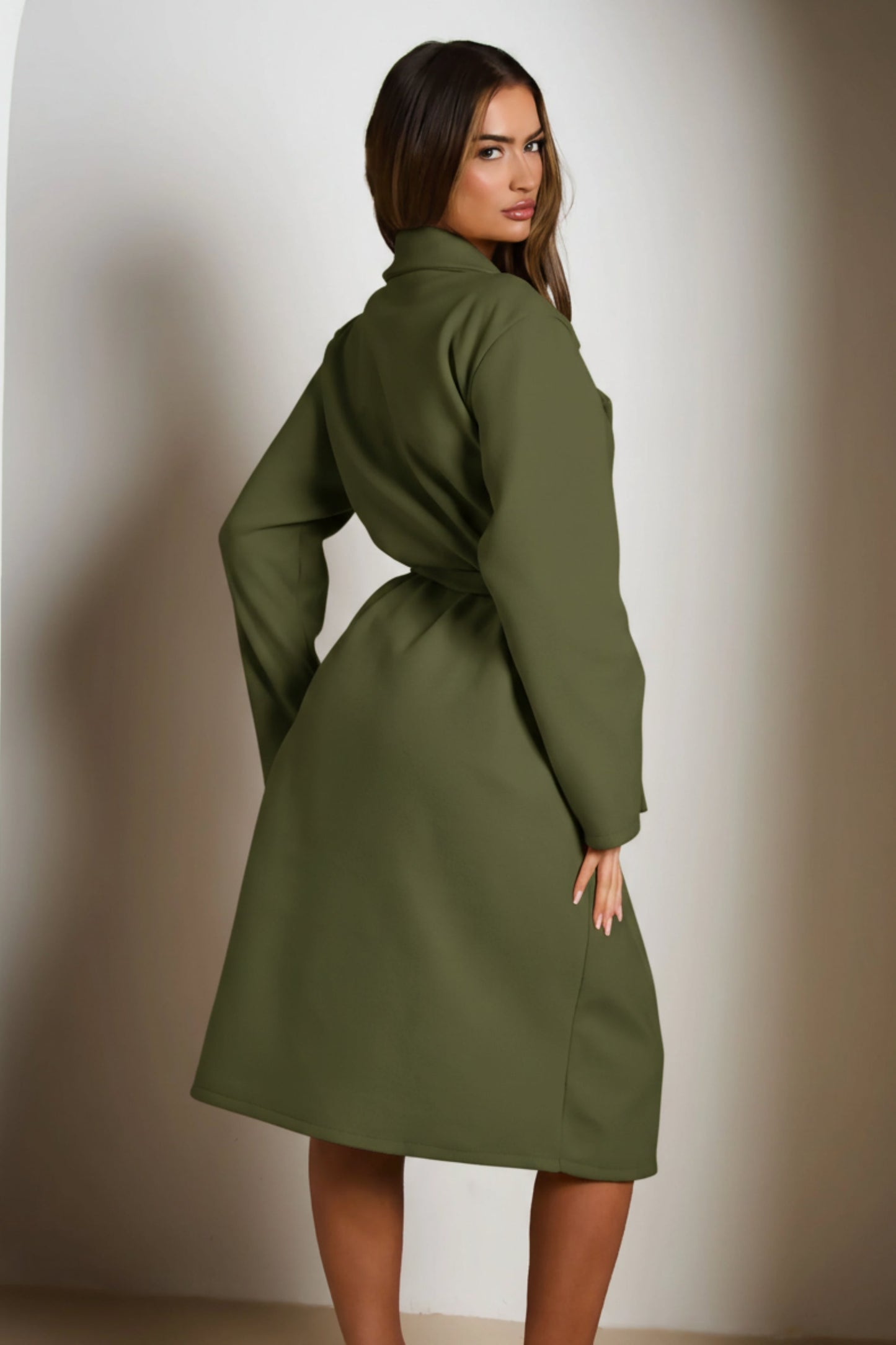 Khaki Double Breasted Black Button Detail Belted Trench Coat - Eliana