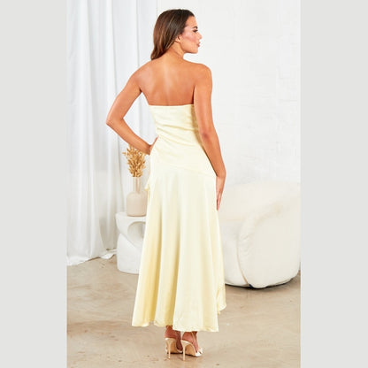 Lemon Satin Ruched Strapless Drape Detail Bodycon Midi Dress - Liora