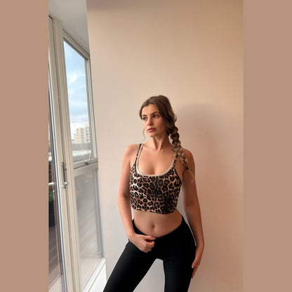 Brown Leopard Print Double Strap Sports Bra Top - Almarie