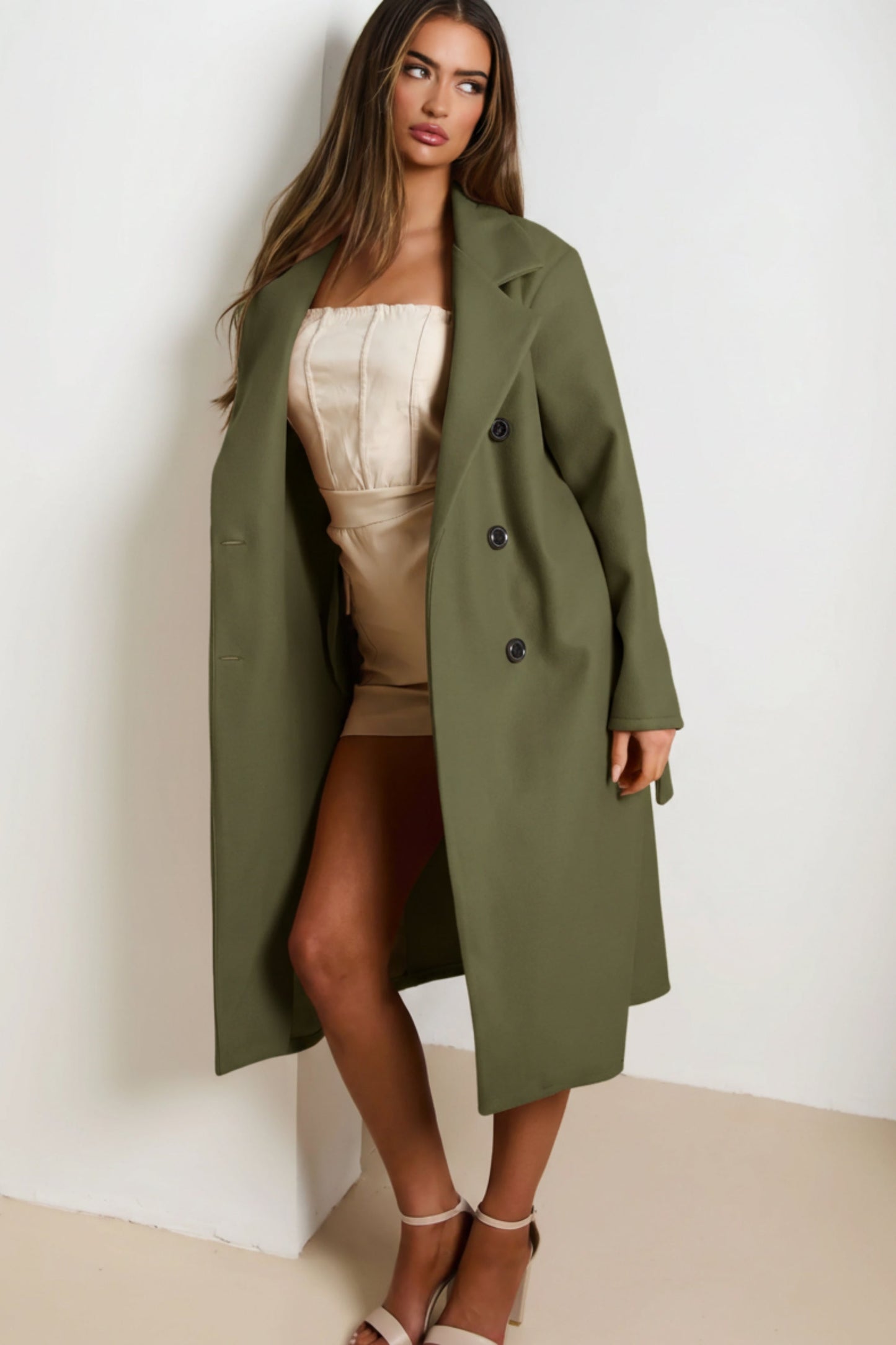 Khaki Double Breasted Black Button Detail Belted Trench Coat - Eliana