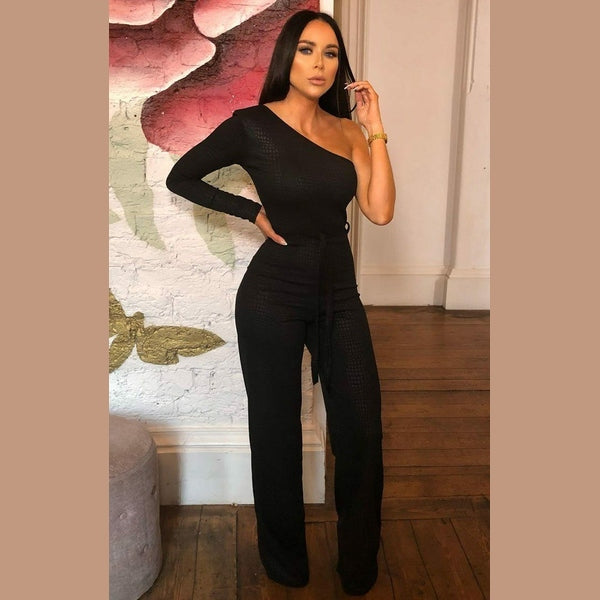 Black Croc Belted One Shoulder Jumpsuit - Evelyn
