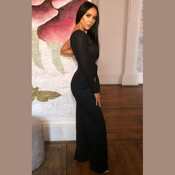 Black Croc Belted One Shoulder Jumpsuit - Evelyn