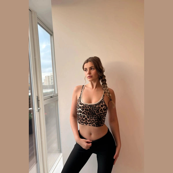 Brown Leopard Print Double Strap Sports Bra Top - Almarie
