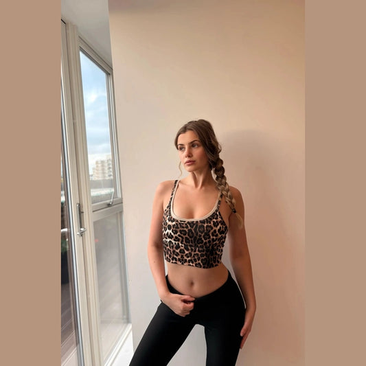 Brown Leopard Print Double Strap Sports Bra Top - Almarie