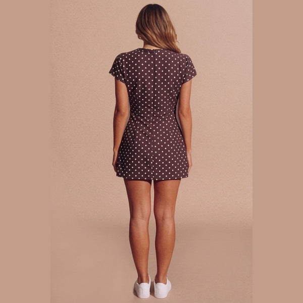 Brown Polka Dot Tie Neck Mini Dress- Zolvira