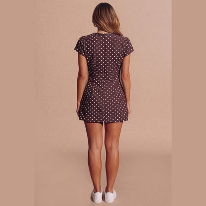 Brown Polka Dot Tie Neck Mini Dress- Zolvira