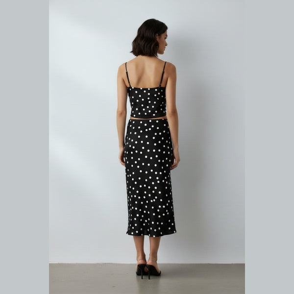 Black Polka Dot Satin Lace Trim Cami Crop Top & Midaxi Skirt Co-Ord- Niyana