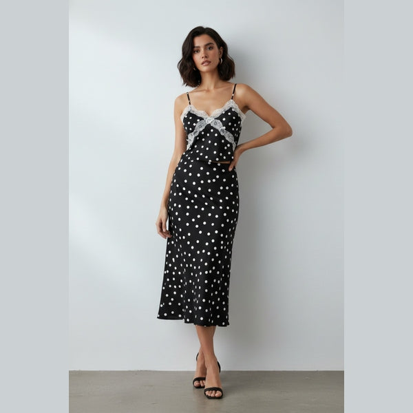 Black Polka Dot Satin Lace Trim Cami Crop Top & Midaxi Skirt Co-Ord- Niyana