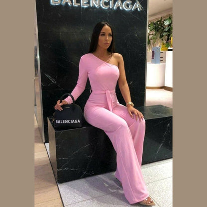 Baby Pink Belted One Shoulder Jumpsuit - Evelyn