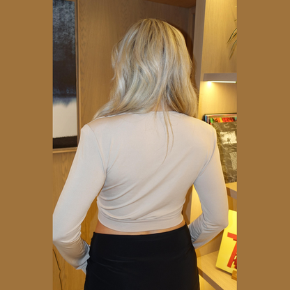 Beige Long Sleeve Buckle Front Twist Crop Top - Flora