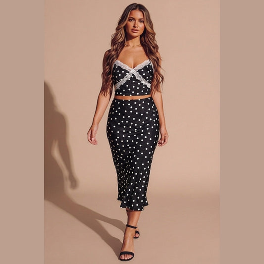 Black Polka Dot Satin Lace Trim Cami Crop Top & Midaxi Skirt Co-Ord- Niyana