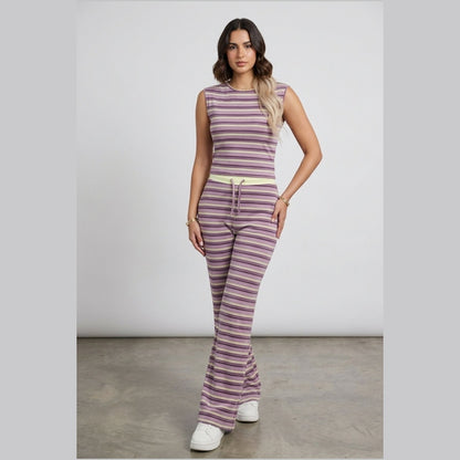 Lilac Stripe Sleeveless Top & Flared Trouser Co-Ord Set- Cally