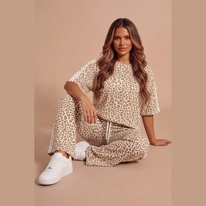 Beige Leopard Print Oversized Loungewear Set With Side Stripe Detail- Orlina