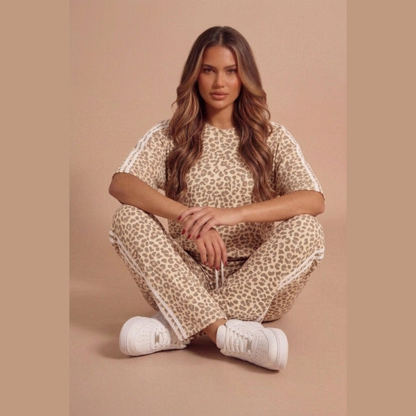 Beige Leopard Print Oversized Loungewear Set With Side Stripe Detail- Orlina