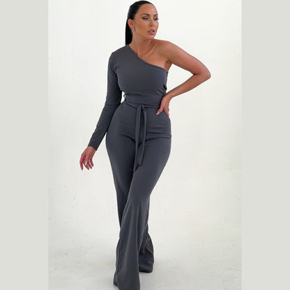 Smoke Grey Belted One Shoulder Jumpsuit - Evelyn