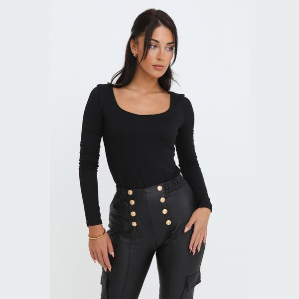 Black Scoop Neck Long Sleeve Soft Touch Fitted Bodysuit - Emma