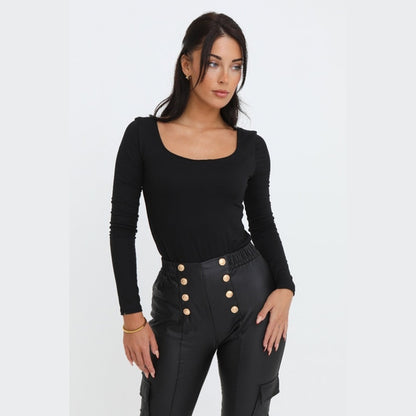 Black Scoop Neck Long Sleeve Soft Touch Fitted Bodysuit - Emma