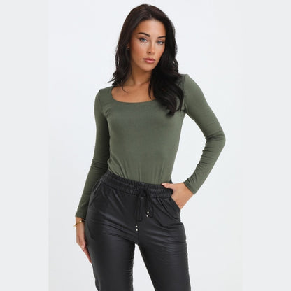 Khaki Scoop Neck Long Sleeve Soft Touch Fitted Bodysuit - Emma