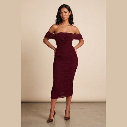 Wine Bardot Cowl Neck Ruched Midi Dress - Malia