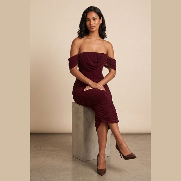 Wine Bardot Cowl Neck Ruched Midi Dress - Malia