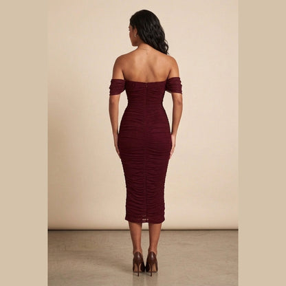 Wine Bardot Cowl Neck Ruched Midi Dress - Malia