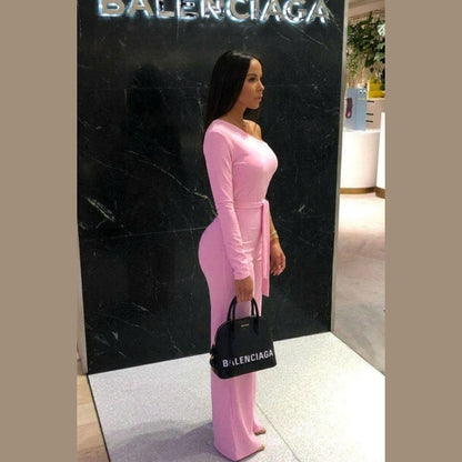 Baby Pink Belted One Shoulder Jumpsuit - Evelyn